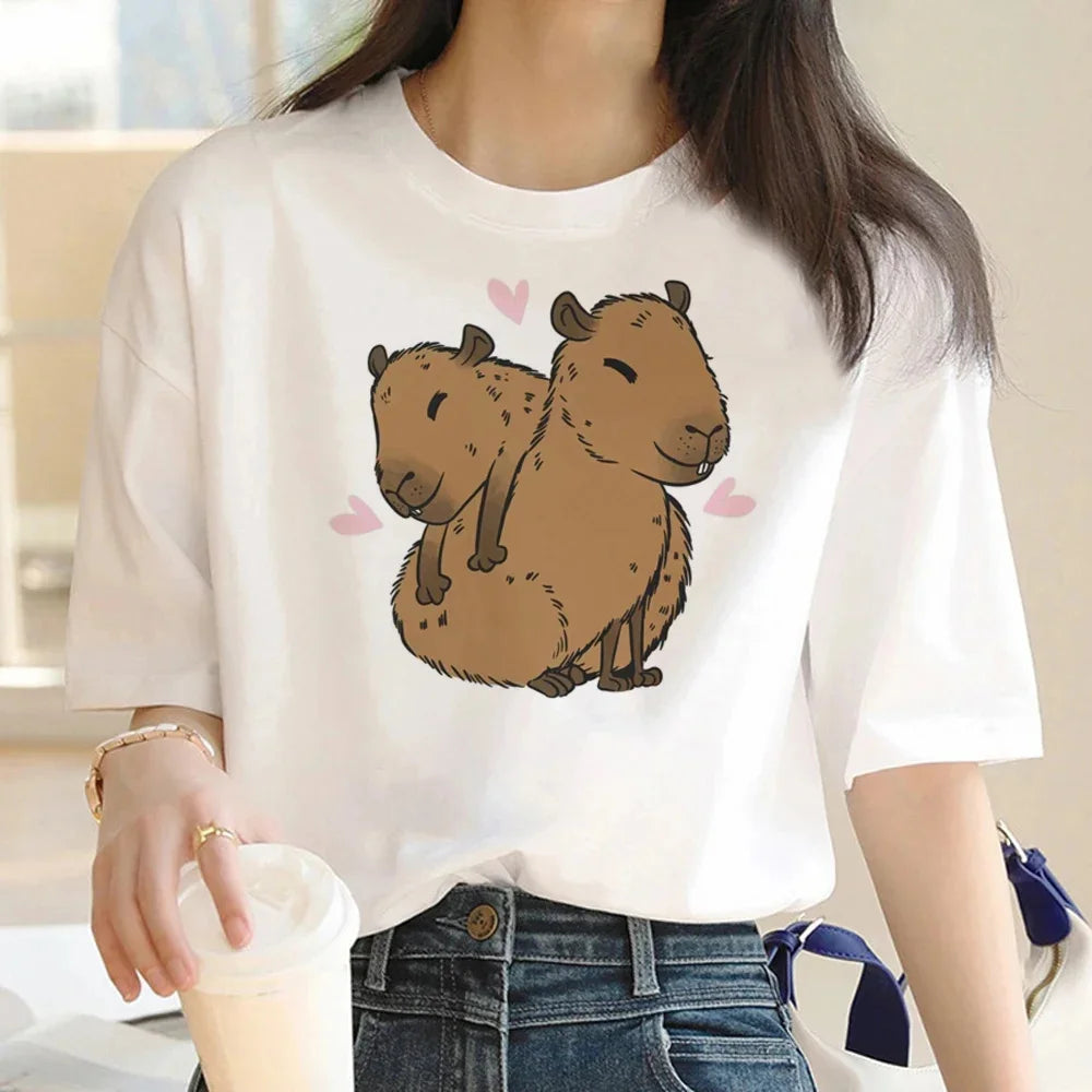 Cute Capybara Cotton T-Shirt for Women Vintage Cartoon Graphic Tee Top Casual Stylish Apparel Milanni Fashion