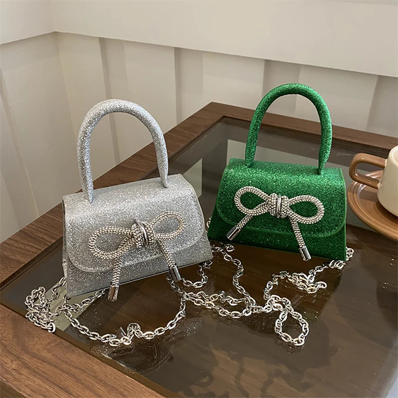 French Light Luxury Diamond Sparkling Mini Handbag Fashion Bowknot Crossbody Bag  Milanni Fashion   