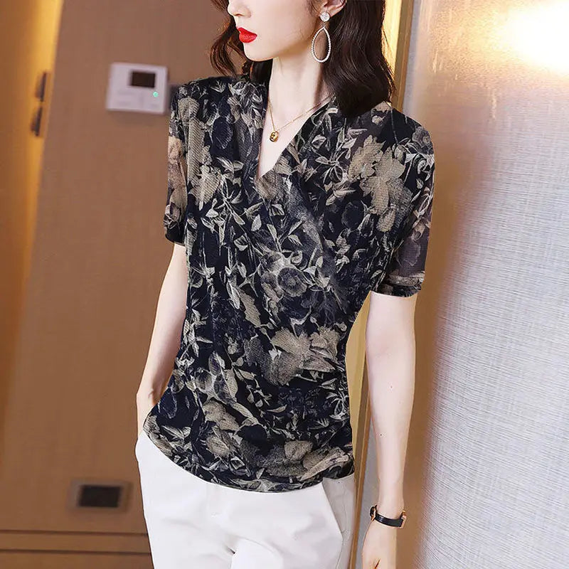 Summer Vintage Floral Shirt Women's V-Neck Slim Spliced Short Sleeve Casual Blouse Milanni Fashion