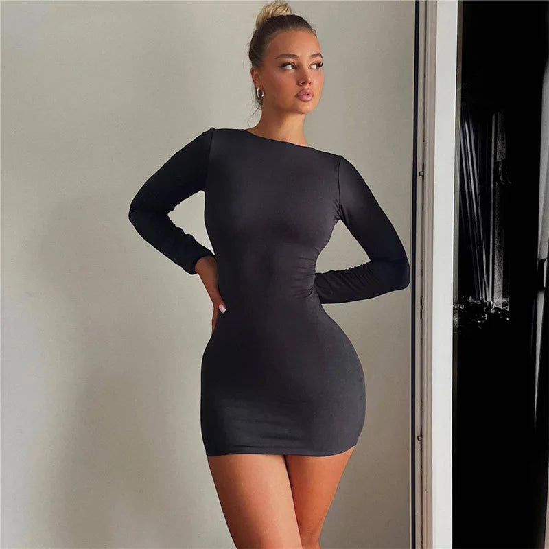 Chic Backless Fall Mini Dress Long Sleeve Square Neck Tight Bodycon Style for Women Elegant and Stylish Milanni Fashion