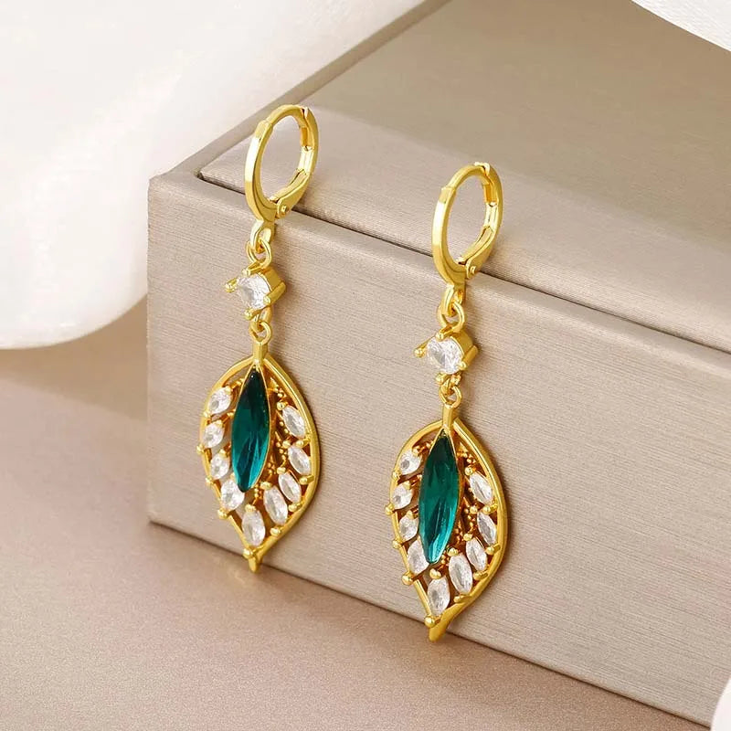 Elegant Green Crystal Leaf Tassel Earrings Cubic Zircon Wedding Jewelry Gift for Women Milanni Fashion