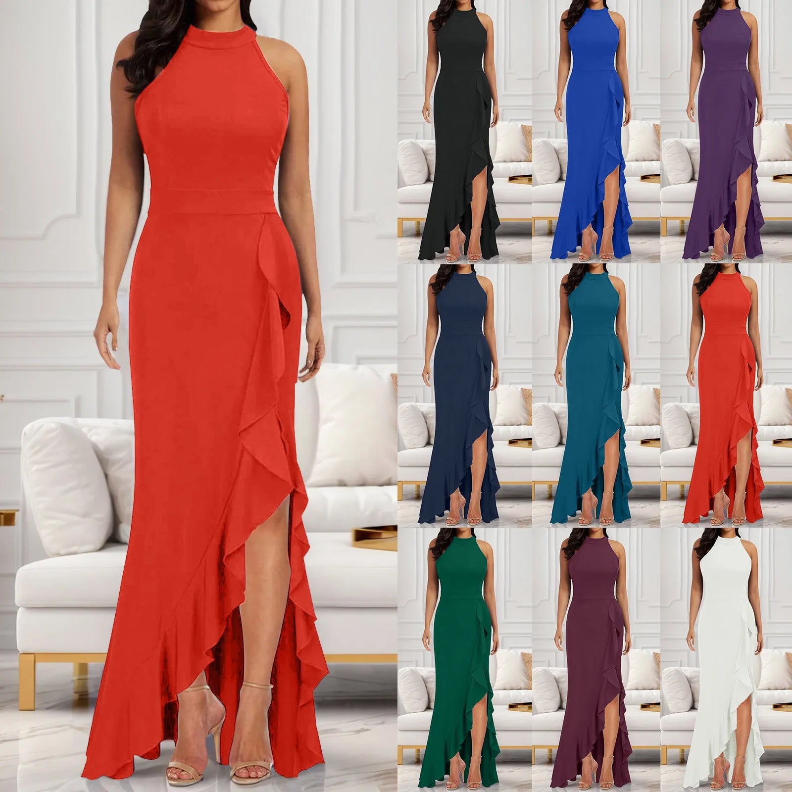 Women Sleeveless Slim Fit Ruffle Long Dress Maxi Dress Milanni Fashion   