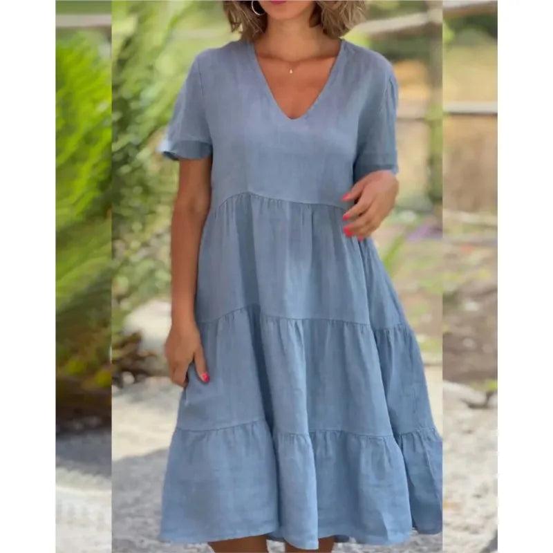 Trendy V-Neck Pullover Dress Loose Mid-Length Swing Casual Summer Dress for Women Milanni Fashion