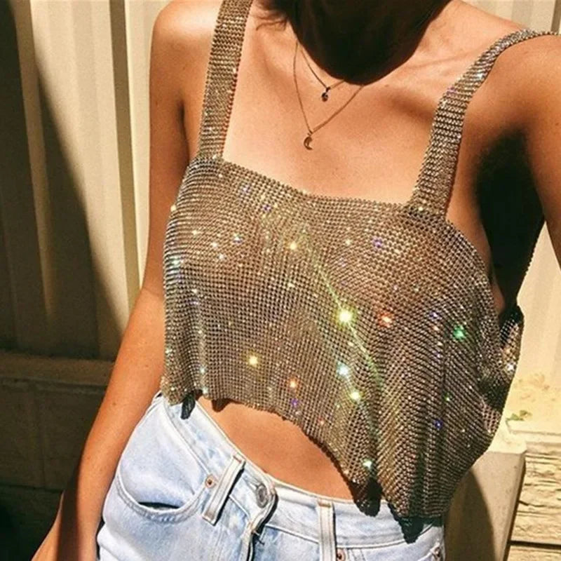 Bling Rhinestones Party Crop Top 2024 Fashion Solid Backless Straps Full Diamonds Sequins Cami Cropped Top  Milanni Fashion   