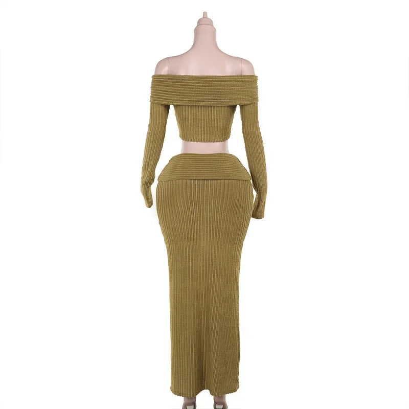 Furry Ribbed Two Piece Set Folded Off Shoulder Long Sleeve Crop Top and Bodycon Maxi Skirt Milanni Fashion