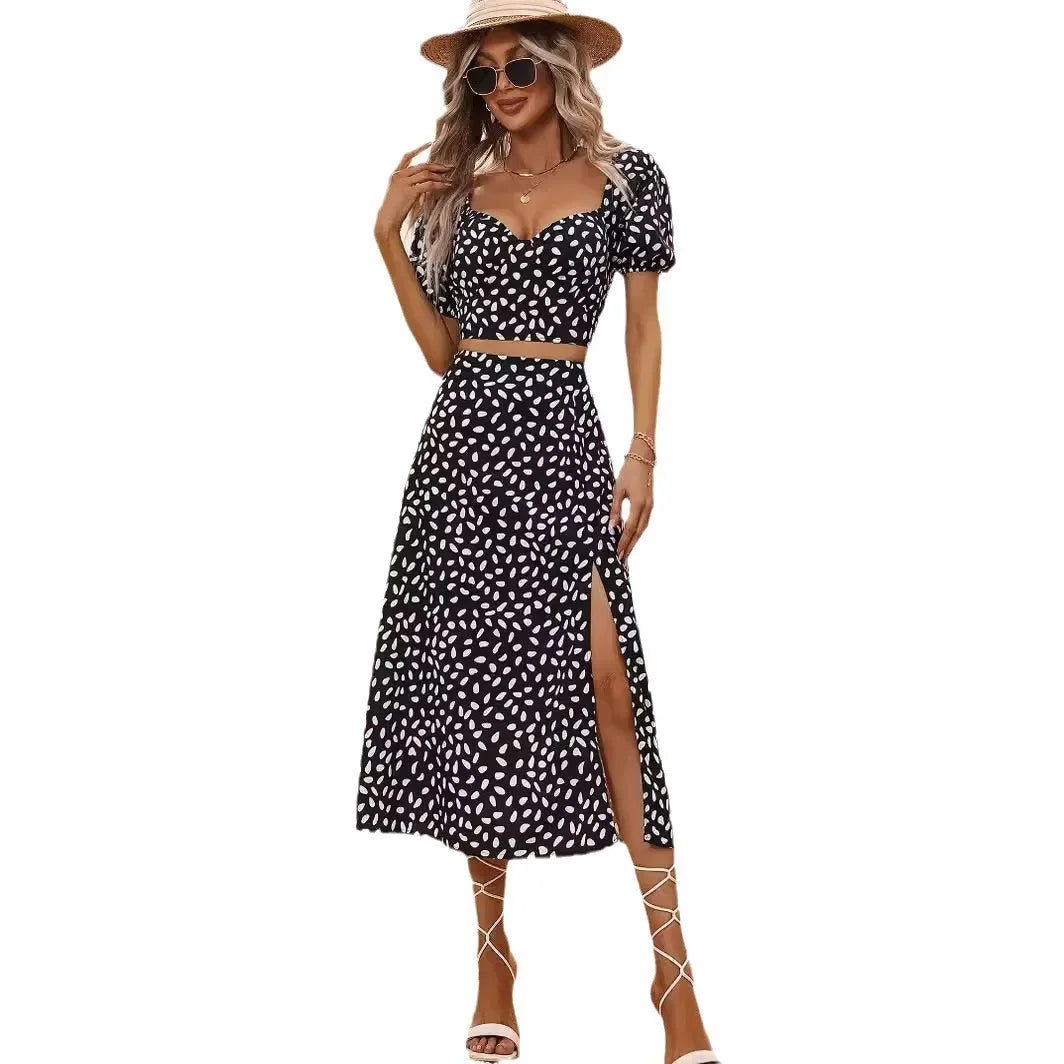 Printed Two-Piece Set for Women V-Neck Short Sleeve Top and Long Slit Skirt Fashion Party Outfit Milanni Fashion