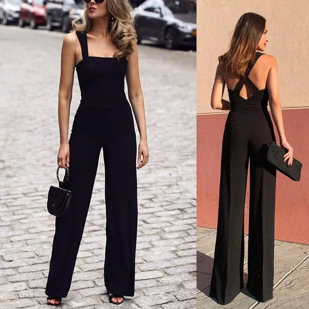 Women's Elegant Jumpsuit Spaghetti Sleeveless Backless Wide Leg Pants Formal Romper  Milanni Fashion   