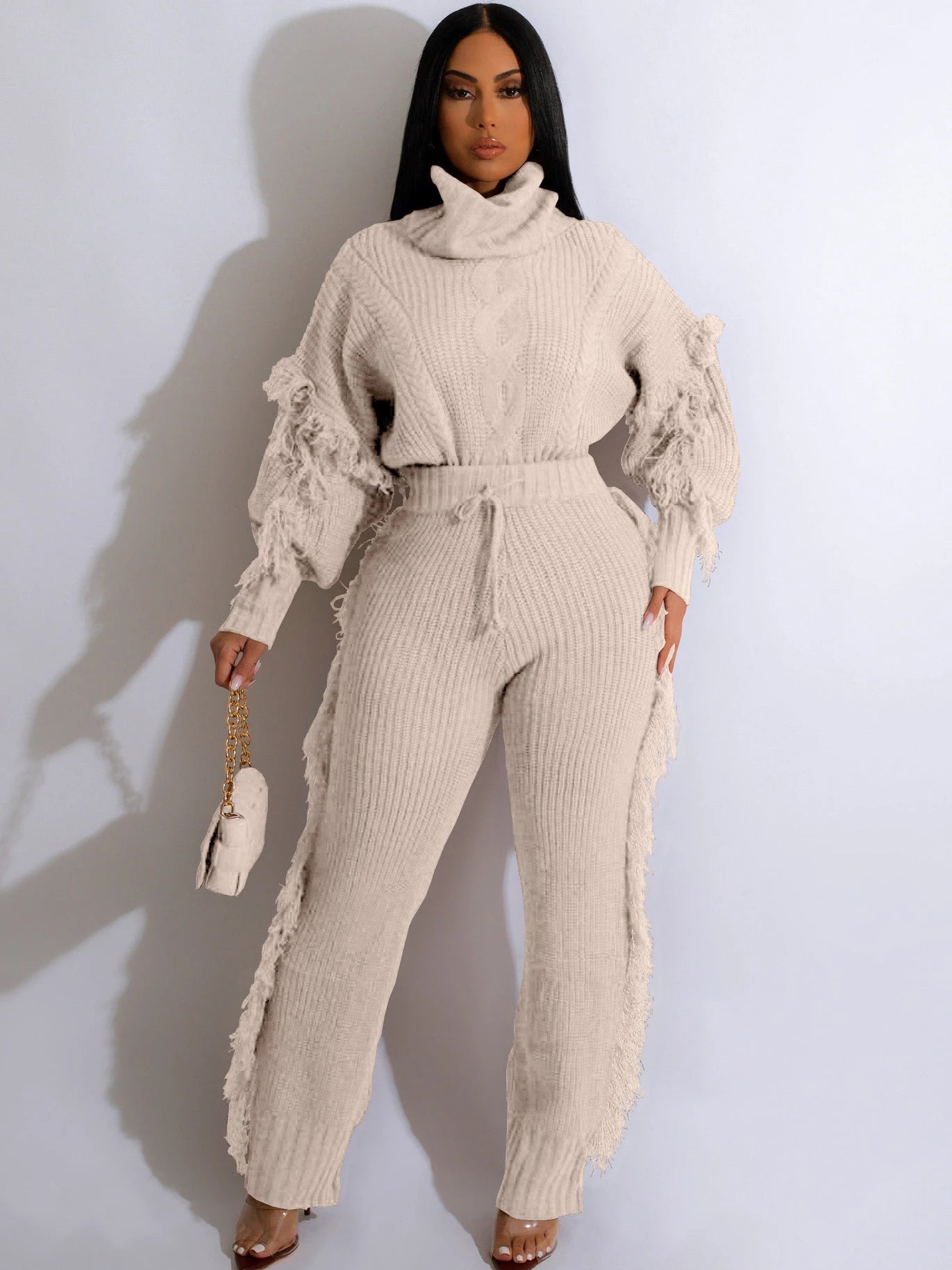 Tassel Sleeve Turtleneck Pullover & Side Tassel Pants Tracksuit Women's Knit Sweater Set  Milanni Fashion Apricot XXL 