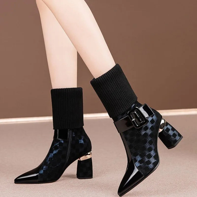 Thick Heel Stretch Fabric Women's Boots Winter Pointed Toe Zipper Fashion High Heel Boots for Women Milanni Fashion