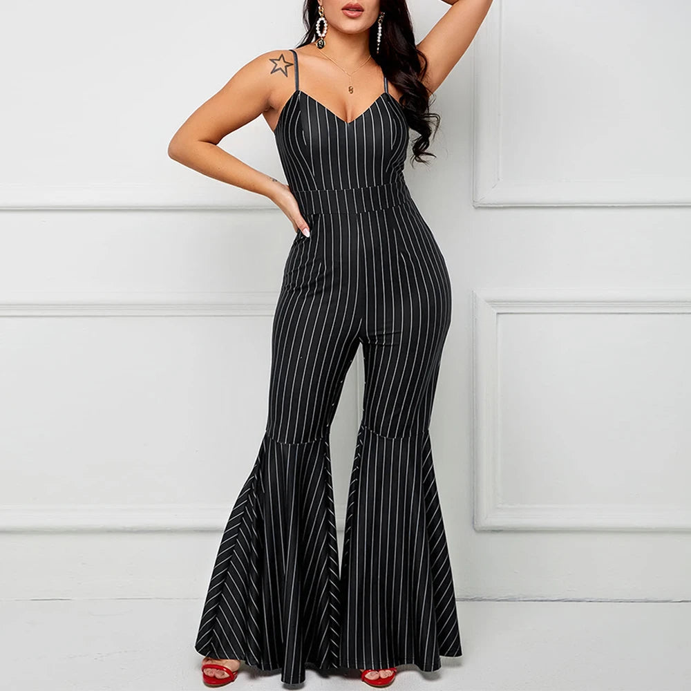 Vertical Striped Suspender Jumpsuit White-Collar Design with Bell-Bottom Pants  Milanni Fashion   