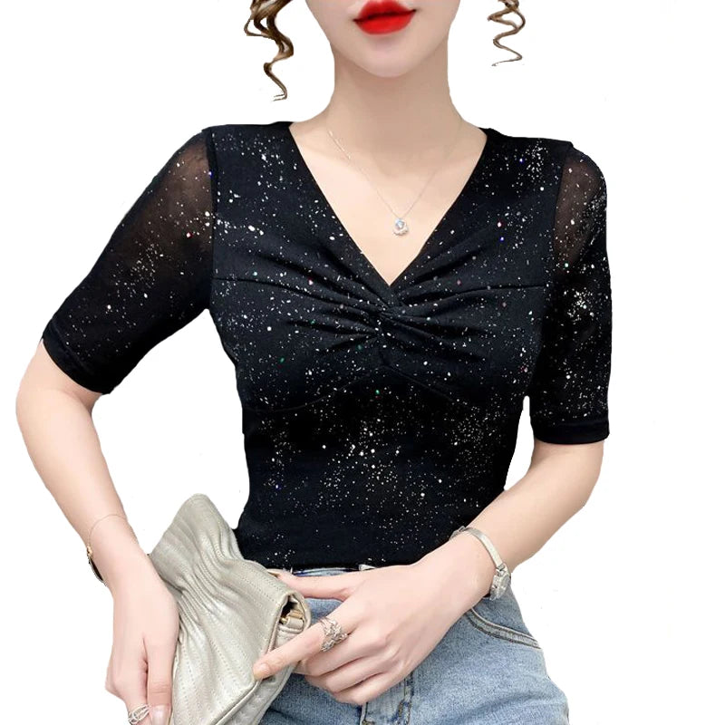 Short-Sleeved Women Mesh T-shirt Summer Shiny Pleated Silk Casual Black Bottoming Top Milanni Fashion