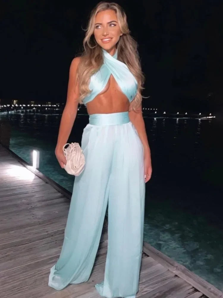 Silk Elastic Strapless Two-Piece Tracksuit for Women - Halter Backless Top & Wide-Leg Pants  Milanni Fashion   