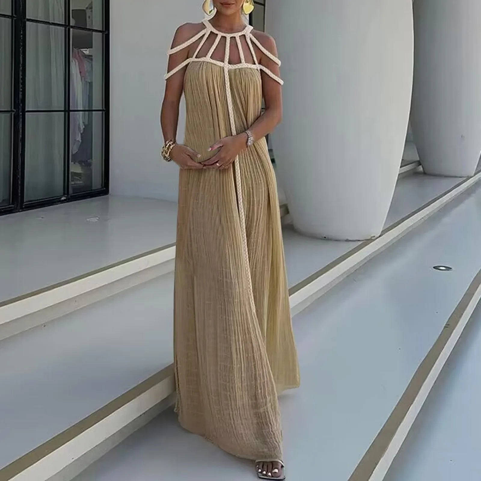 Women Spring Off-Shoulder Elegant Solid Long Dresses Maxi Dress Milanni Fashion   