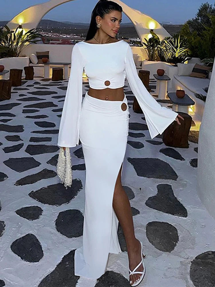 High Slit Long Skirt Set Women's Sexy Backless Long Sleeve Hollow Short Top Elegant Sheath Skirt Two Pcs Suit Milanni Fashion