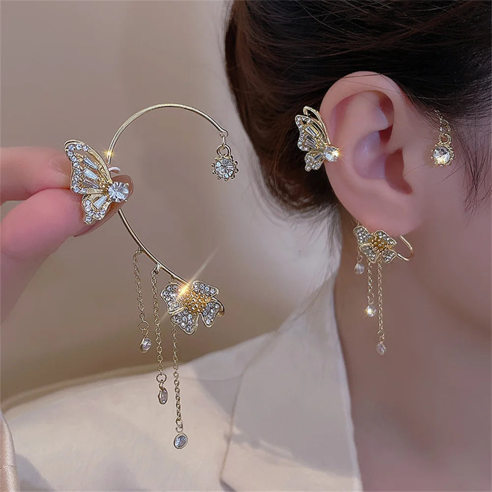 Fashion Butterfly Zircon Ear Cuff Gold Color Tassel Clip Earrings for Women No Piercing Jewelry Milanni Fashion