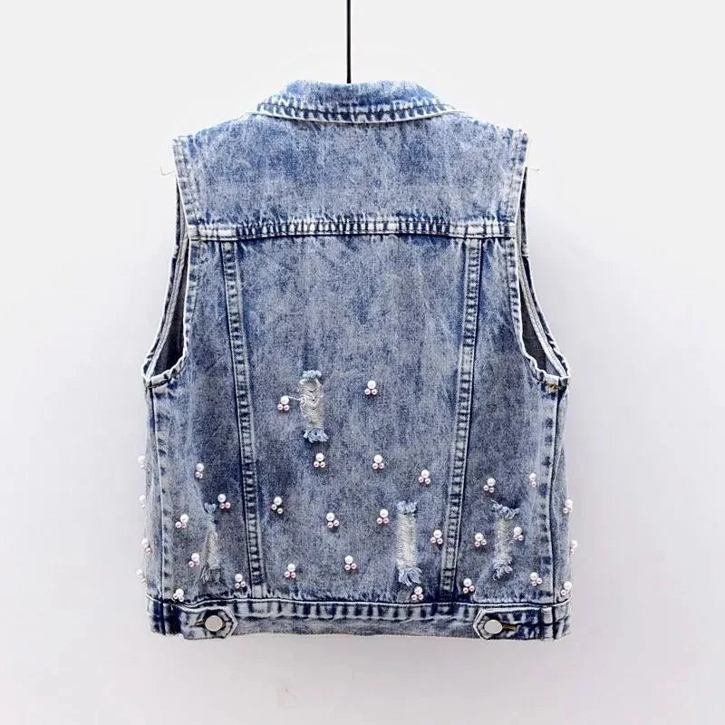 Women’s Embroidered Flower Denim Vest Beaded Waistcoat Sleeveless Slim Short Jacket Milanni Fashion