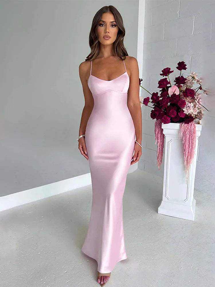 Satin Backless Slim Sexy Mermaid Dress Elegant Night Club Party Dress  Milanni Fashion L 9693Pink 