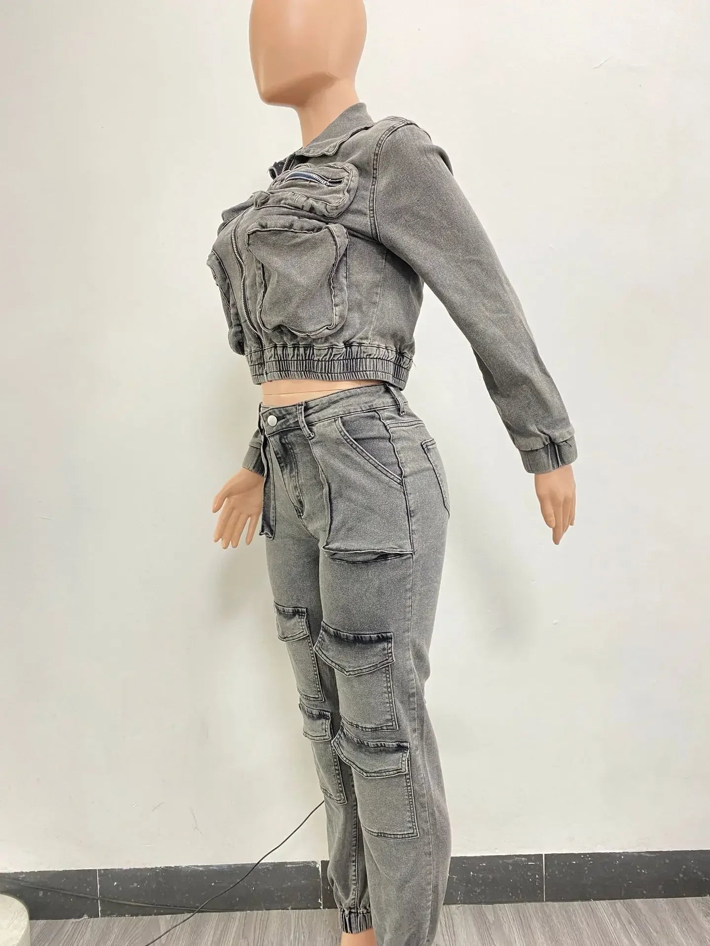 Sexy Casual Matching Denim Jacket & Trouser Multi Pockets Denim Pants Outfit  Milanni Fashion   