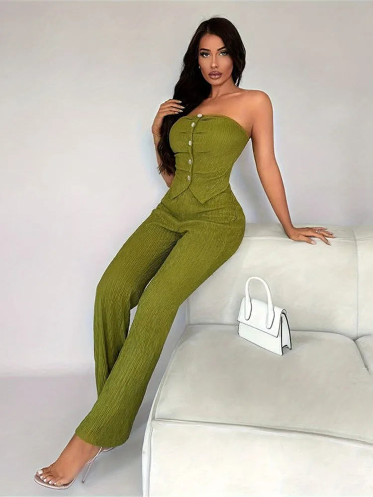 Elastic Button Decoration Tube Top & Trumpet Casual Pant Suit  Milanni Fashion   