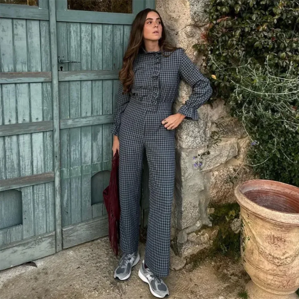 Spring Fashion Casual Plaid Long Jumpsuit with Bubble Sleeves Versatile Stylish Women's Outfit Milanni Fashion