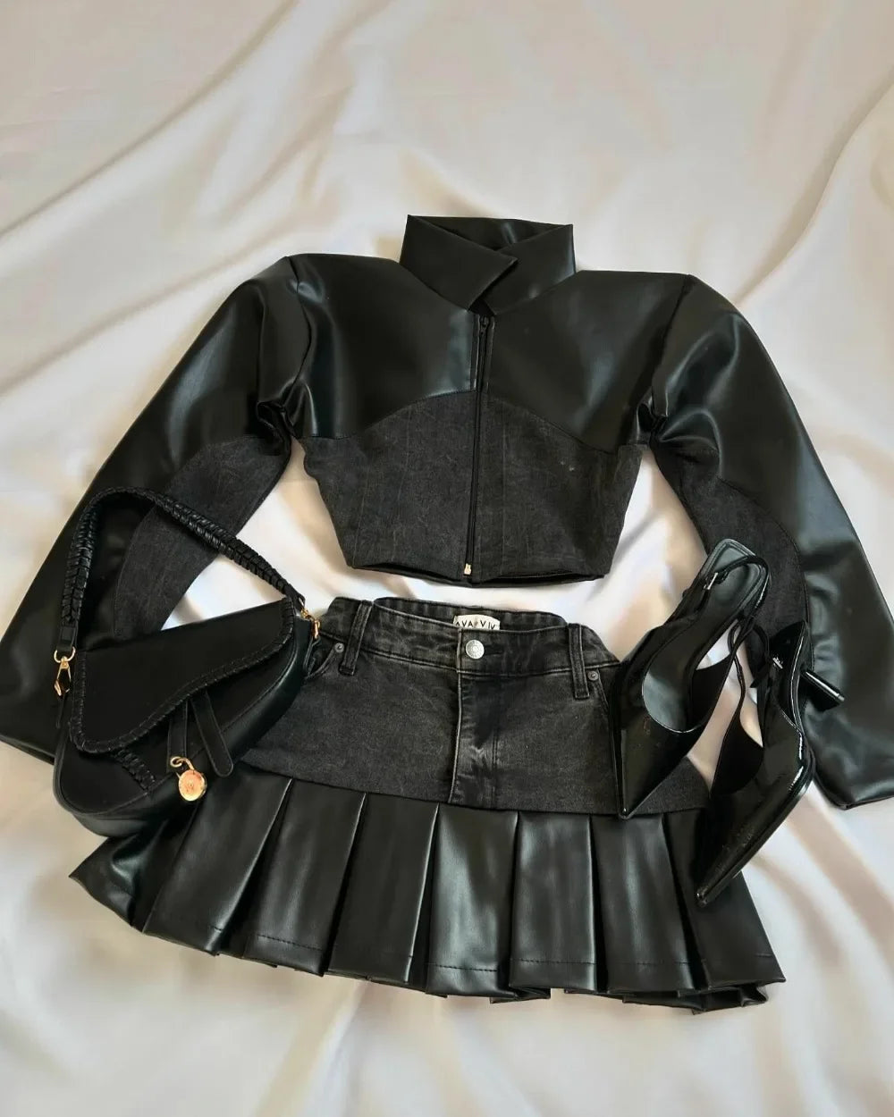 PU Leather Spliced Denim Black Skirt Harajuku Gothic Zipper Jacket Two-Piece Set for Women Milanni Fashion