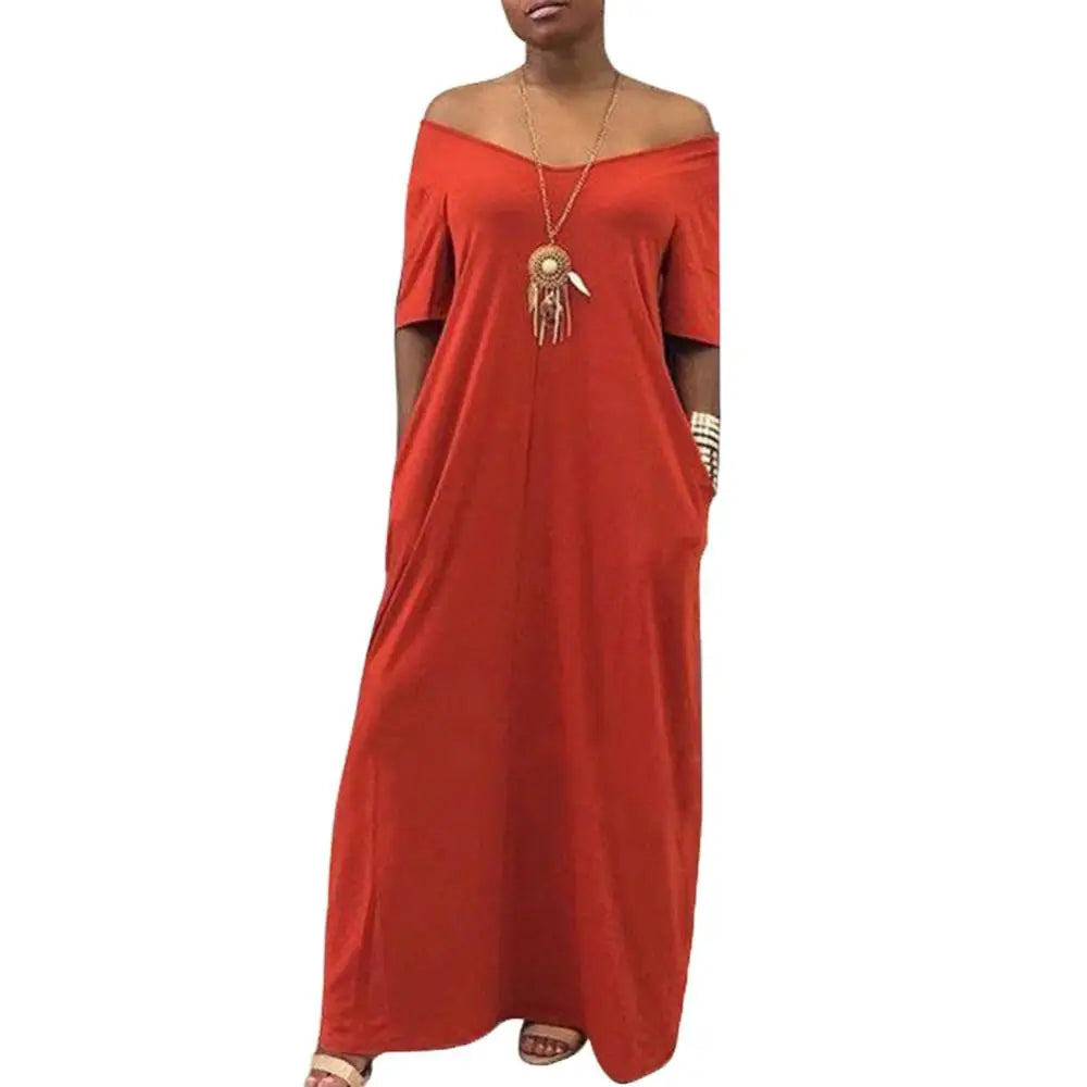 Ladies Fashion Loose Sexy V-Neck Fall Clothes Casual Maxi Solid Color Plus Size Long Dress Maxi Dress Milanni Fashion   