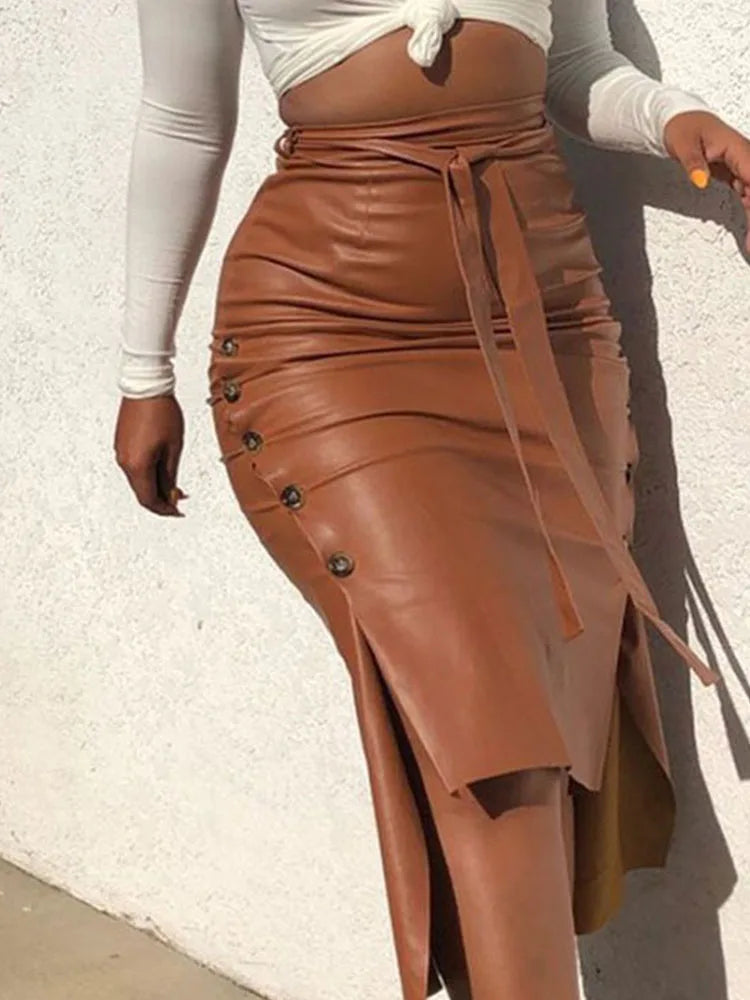 Trendy PU Leather Midi Skirt Stylish Sexy Knee Length Skirt Fashionable High Waisted Design Milanni Fashion