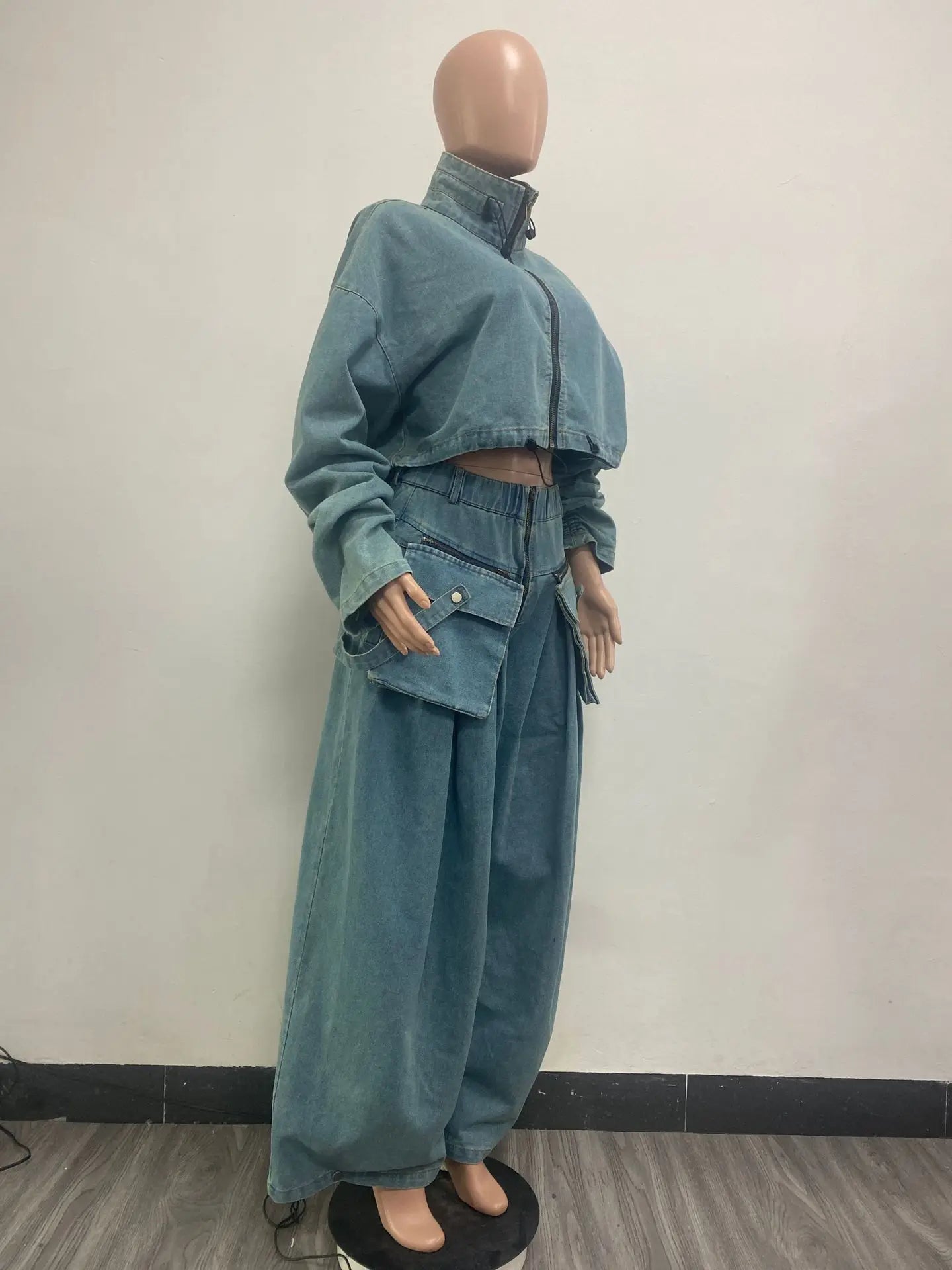 Trendy Denim Pantsuit Multiple Pockets Jacket Coat and Loose Jeans Pant Two Piece Set for Women Milanni Fashion