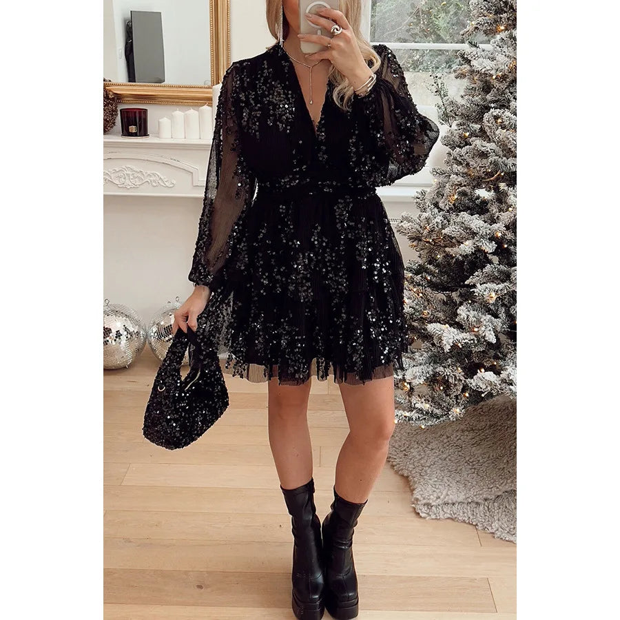 Lace Sequin Midi Dress Sexy Deep V Neck Long Sleeve Elegant Party Club Dress for Women Milanni Fashion