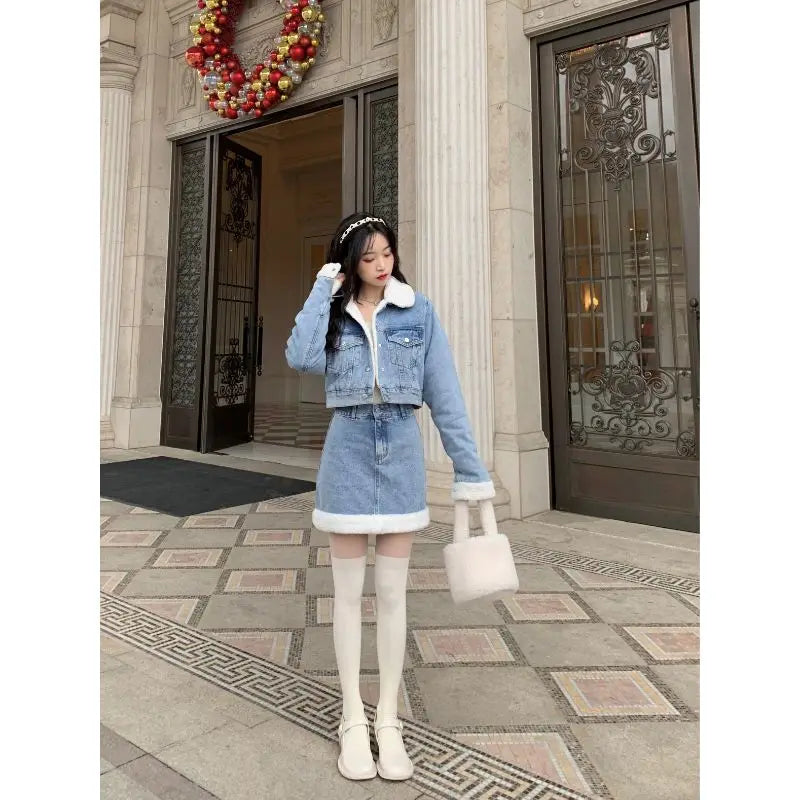 Lamb Wool Spliced Denim Coat Women's Short Sweet Cool Half Skirt Two-Piece Set Trendy Outfit Milanni Fashion