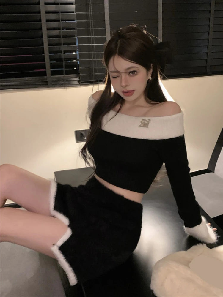 Sexy Wool Vintage Two Piece Set Women Fashion Warm Party Off Shoulder Top & Slim Mini Skirt Milanni Fashion