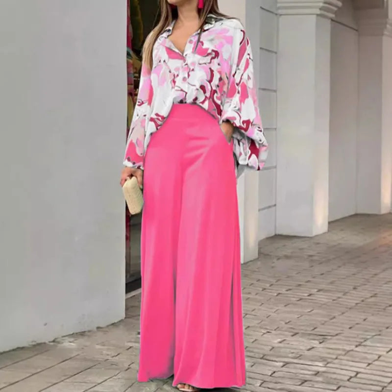 Elegant Autumn Winter Loose Print Long Lantern Sleeve Button Shirt Top Wide Leg Pant Outfit  Milanni Fashion   