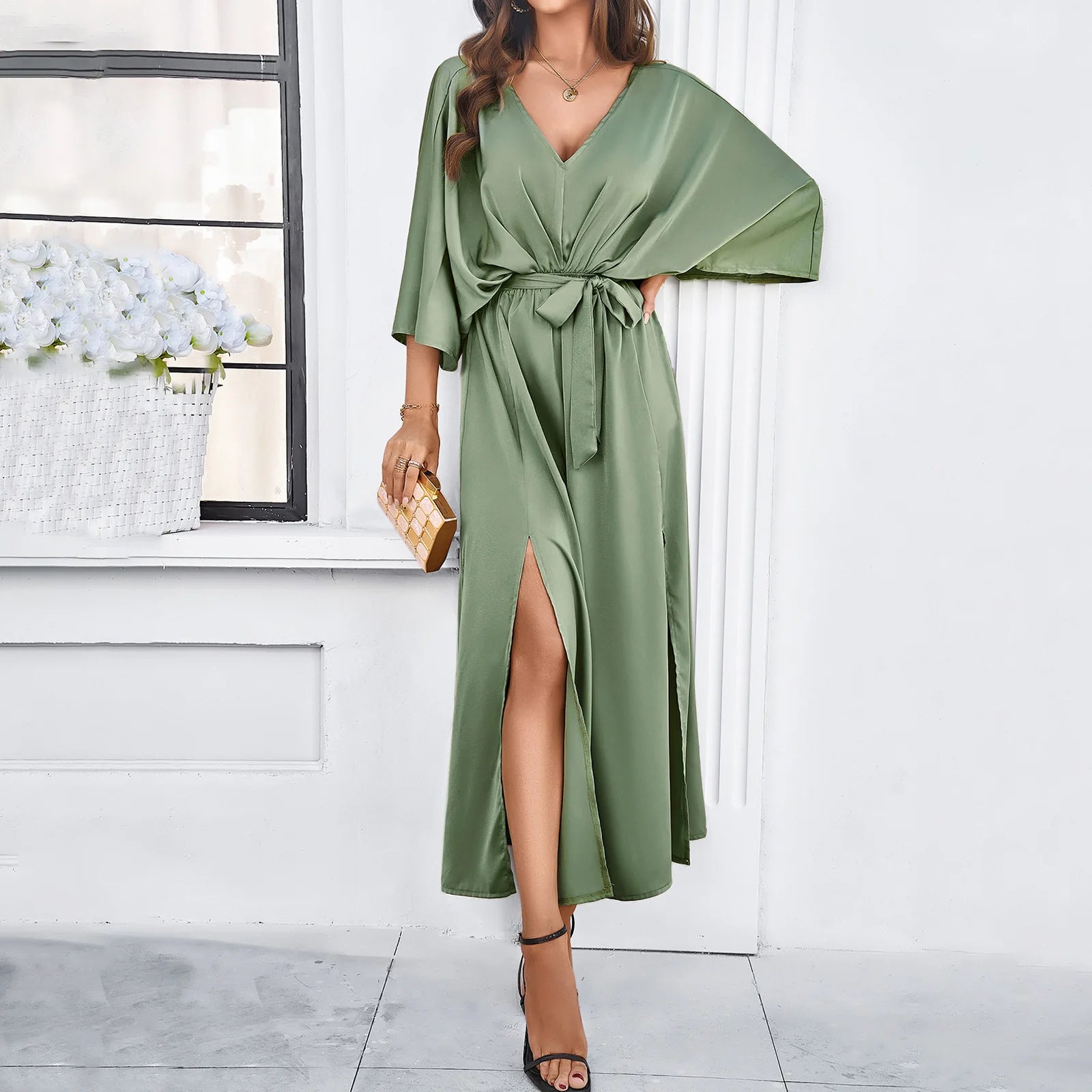 Elegant V-neck Loose Dress for Women Long Solid Lady Outfit Spring Summer Casual Streetwear Dress Maxi Dress Milanni Fashion Green M