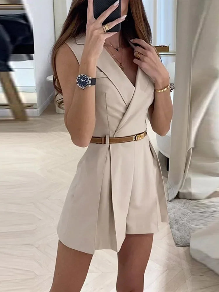 Fashionable Sleeveless Jumpsuit with Belt Turndown Collar Slim Fit Short Romper for Women Stylish Casual Summer Wear Milanni Fashion