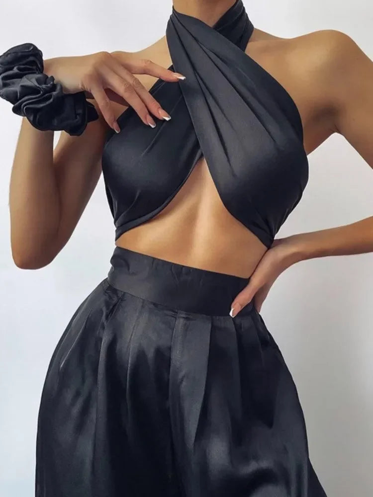 Silk Elastic Strapless Two-Piece Tracksuit for Women - Halter Backless Top & Wide-Leg Pants  Milanni Fashion   