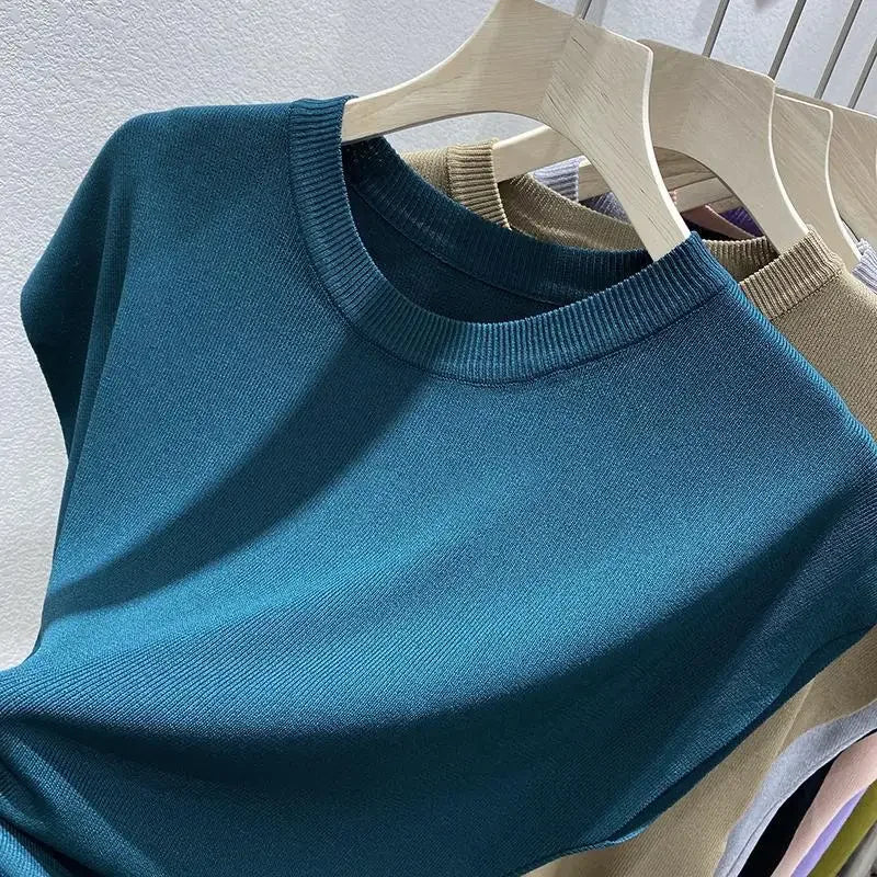 O-Neck Ice Silk Knitted T-Shirt Summer Thin Klein Blue Batwing Sleeve Top Women Shirt Milanni Fashion