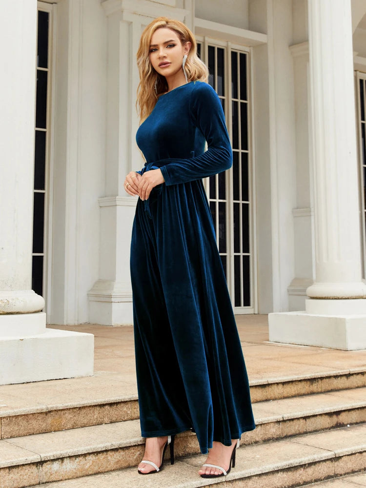 Velvet Solid Color Formal Evening Maxi Dress for Women Elegant Party Gown Chic Stylish Dress Maxi Dress Milanni Fashion Blue XXL