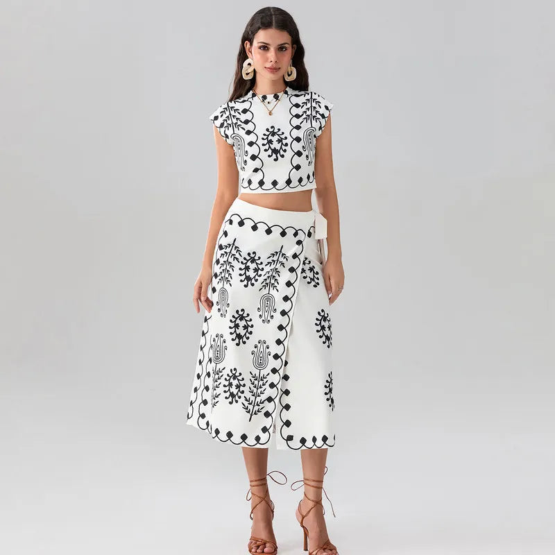 Boho Two Piece Skirt Set for Women Short Sleeve Top and Long Slim Skirt Office Wear Milanni Fashion