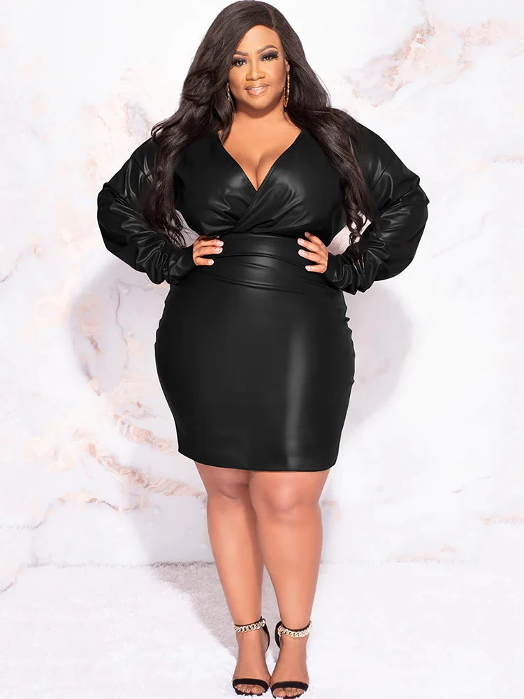 Plus Size Women Matte Leather Dress Long Sleeve Stretch PU Bodycon Mini Dress for Elegant Look Milanni Fashion Black 9XL