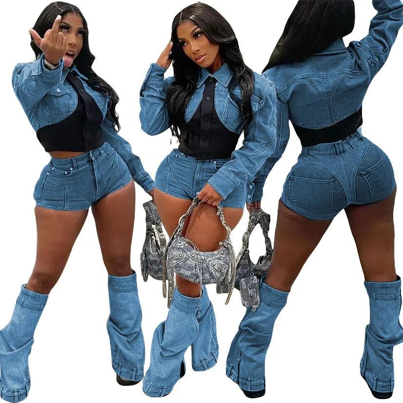 Denim Two Piece Set Cropped Top and Biker Shorts Summer Denim Tracksuit for Women Casual Outfit Milanni Fashion