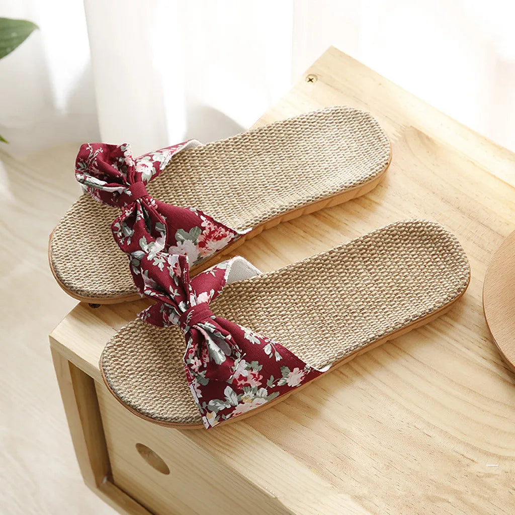 Women Summer Casual Slides Comfortable Flax Slippers Floral Bow Linen Flip Flops  Milanni Fashion   