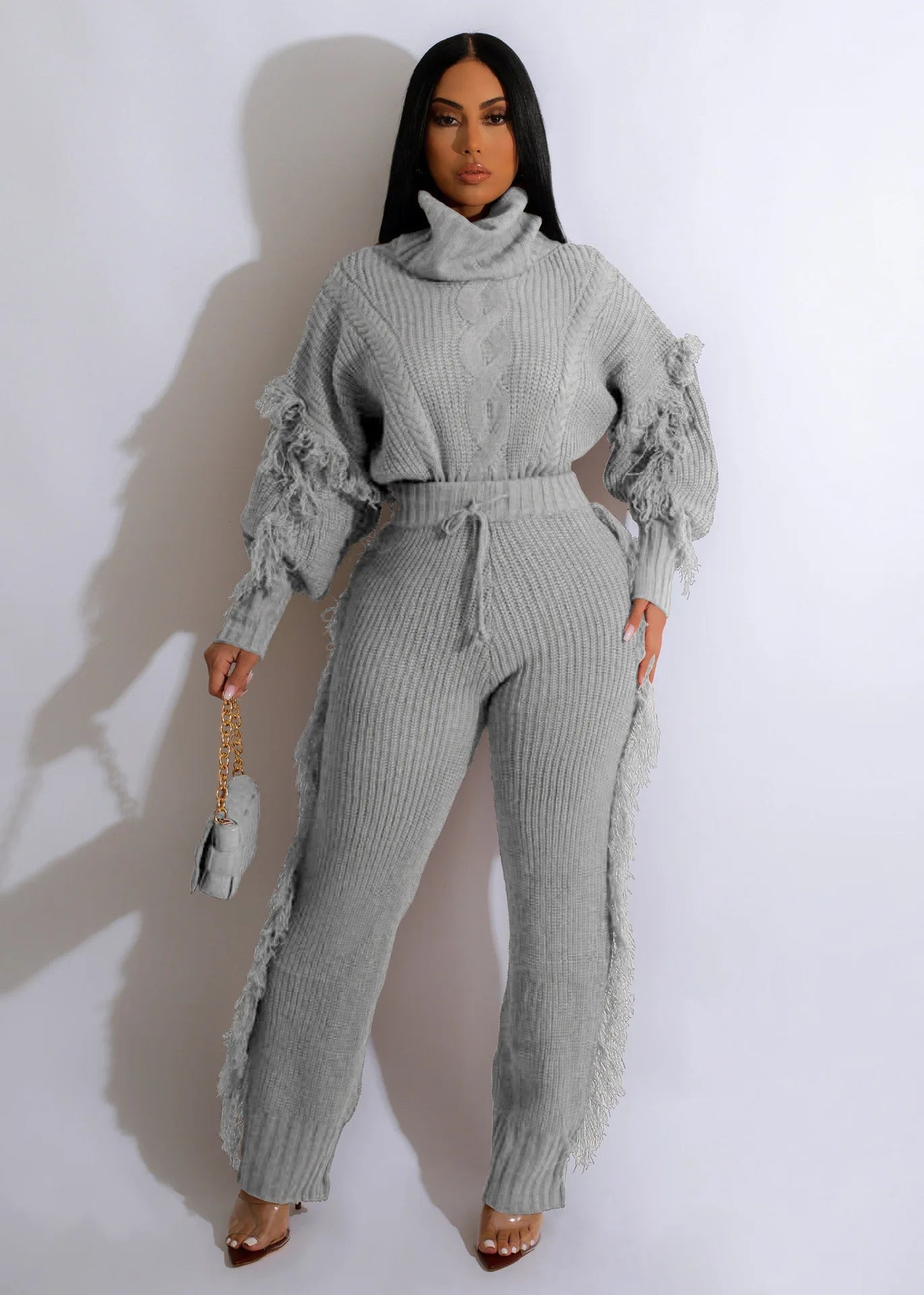 Tassel Sleeve Turtleneck Pullover & Side Tassel Pants Tracksuit Women's Knit Sweater Set  Milanni Fashion   