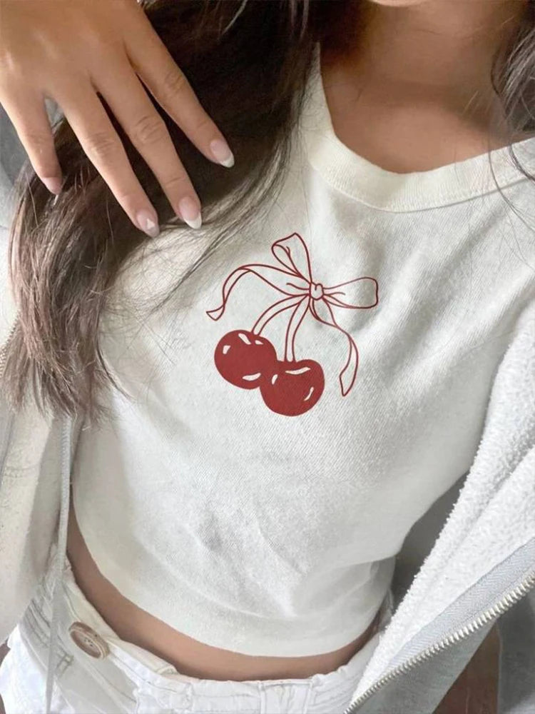 Aesthetics Kawaii Cherry Graphic Tee for Women Short Sleeve Slim Fit Casual T-Shirt Stylish Summer Top Milanni Fashion