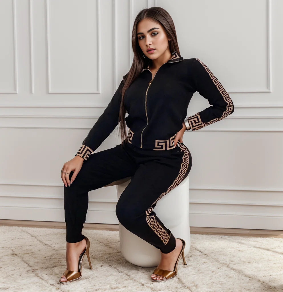 Leisure Printed Top and Pants Two-Piece Suit Stylish Stitching Comfortable Casual Outfit Set Milanni Fashion Black XXL