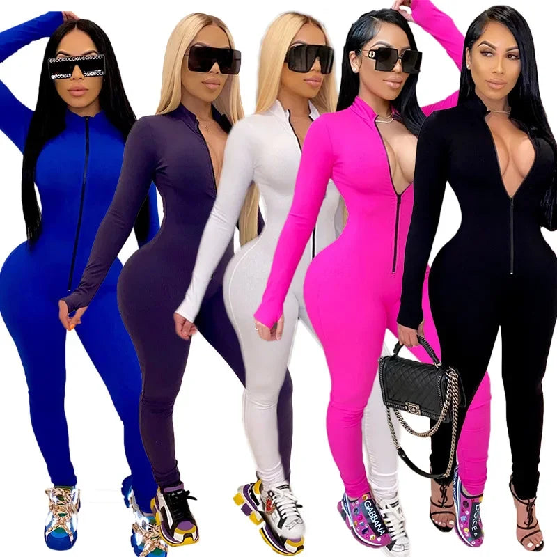 Solid Color Long Sleeve Deep V Bodycon Romper Fashion Zip Up Fitness Long Overalls Jumpsuit Milanni Fashion