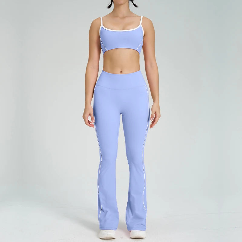 Two Piece Sport Yoga Suit High Waist Flare Legging Workout Clothes for Women  Milanni Fashion Blue long set XL 