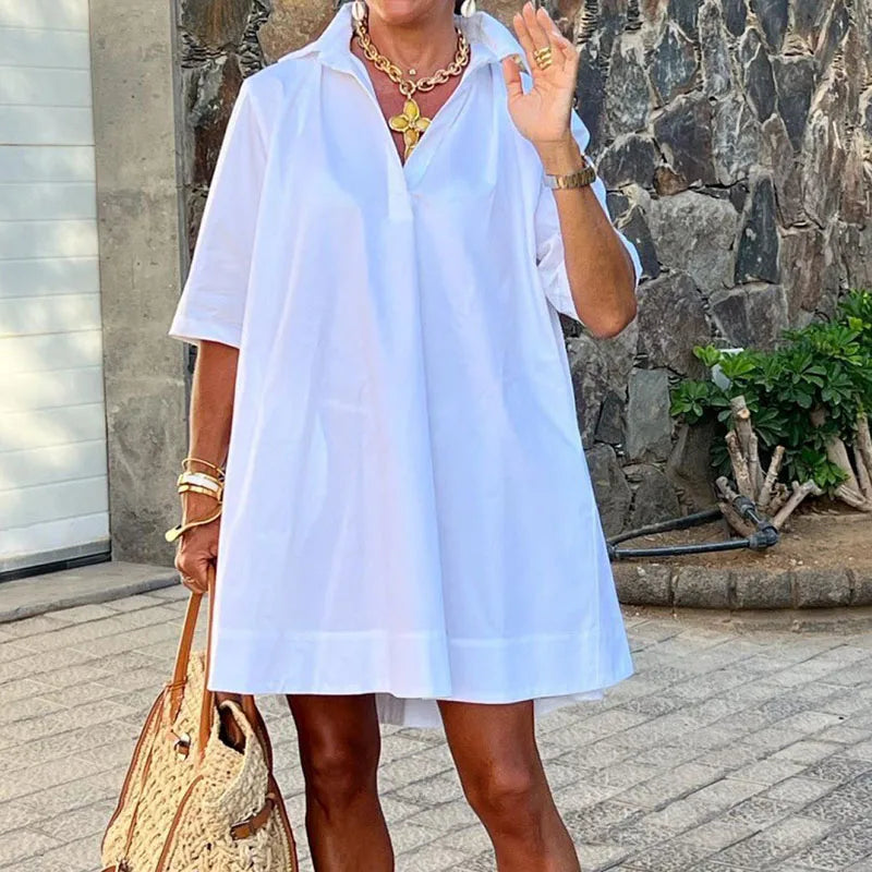 Elegant Lapel Loose Shirt Dress for Summer Casual Women’s Solid Half-Sleeved Pleated Dress Milanni Fashion