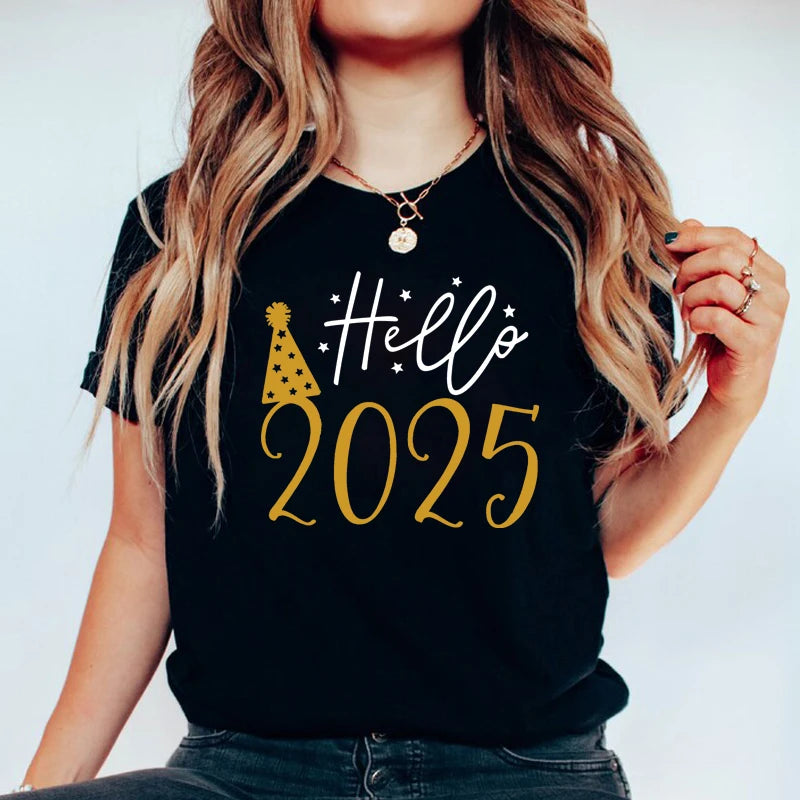 Hello 2025 Printed Women’s T-Shirt Casual O-Neck Short Sleeve Holiday Party Top Perfect Gift Milanni Fashion