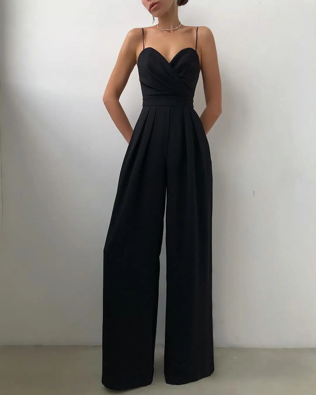 Solid Elegant Spaghetti Strap High Waist Wide Leg Jumpsuit for Women European and American Style Milanni Fashion