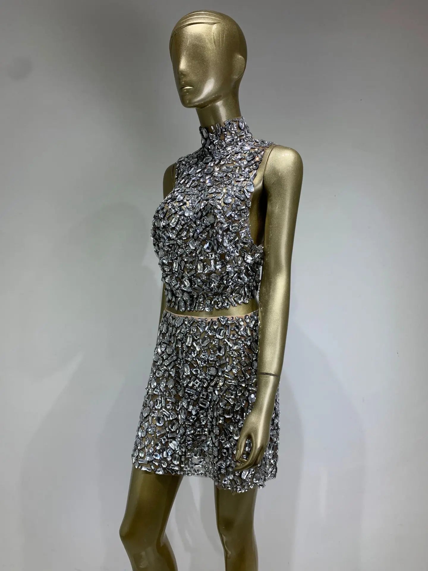 Sparkling Rhinestone Sexy Halter Backless Two-Piece Set Evening Party Stage Prom Costume Milanni Fashion